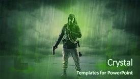  Presentation with saturn space - Presentation design consisting of atomic weapons - masked unrecognizable guard background and a  colored foreground