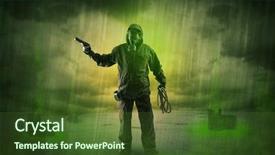  Presentation with abandoned - Audience pleasing PPT theme consisting of atomic weapons - masked unrecognizable guard backdrop and a  colored foreground