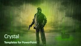  Presentation with space junk - Beautiful PPT theme featuring atomic weapons - masked unrecognizable guard backdrop and a  colored foreground