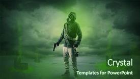  Presentation with science space satellite orbiting - PPT layouts with atomic weapons - masked unrecognizable guard background and a  colored foreground