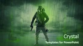  Presentation with abandoned - Audience pleasing PPT theme consisting of atomic weapons - masked unrecognizable guard backdrop and a  colored foreground