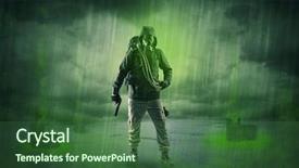  Presentation with space and stars - Colorful slide deck enhanced with atomic weapons - masked unrecognizable guard backdrop and a  colored foreground