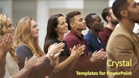  Presentation with university - Presentation theme consisting of atrium - adult students applauding background and a tawny brown colored foreground