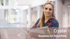  Presentation with university building - Amazing PPT theme having atrium - female adult student in modern backdrop and a coral colored foreground