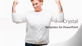  Presentation with senior fitness - PPT theme consisting of atrractive senior caucasian redhead woman wearing winter sweater over isolated background showing arms muscles smiling proud fitness concept background and a white colored foreground