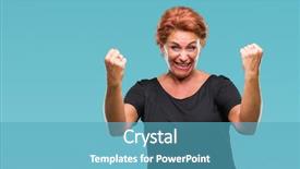  Presentation with winner announcement award success - Cool new slide deck with atrractive senior caucasian redhead woman backdrop and a teal colored foreground