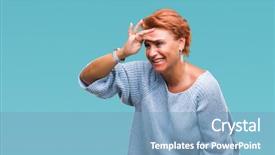  Presentation with far away - Beautiful PPT theme featuring atrractive senior caucasian redhead woman backdrop and a light blue colored foreground