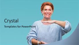 Presentation with symbol - Audience pleasing presentation theme consisting of atrractive senior caucasian redhead woman backdrop and a light blue colored foreground