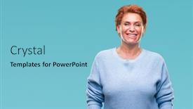  Presentation with happy smiling woman dental health - Cool new presentation design with atrractive senior caucasian redhead woman over isolated background with a happy and cool smile on face lucky person backdrop and a light blue colored foreground