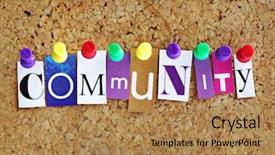  Presentation with community - Presentation design featuring attached to a cork noticeboard background and a coral colored foreground