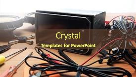  Presentation with car audio - Colorful presentation enhanced with attaching or changing car automotive navigation system or audio a 2 din car gps audio system and speakers on a work table backdrop and a tawny brown colored foreground
