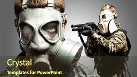  Presentation with soldiers - Presentation theme enhanced with american police - young soldiers wearing gas mask background and a tawny brown colored foreground