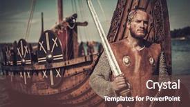  Presentation with sword shield - Presentation theme featuring attack culture - serious viking warrior with sword background and a tawny brown colored foreground