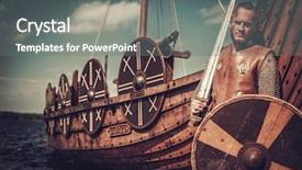  Presentation with sword shield - Audience pleasing PPT theme consisting of attack culture - serious viking warrior with sword backdrop and a gray colored foreground