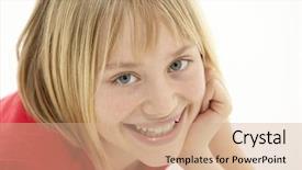  Presentation with smiling little girl - Slides featuring attactive - portrait of smiling young girl background and a coral colored foreground