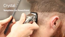  Presentation with barber - Slide deck with attendance - barber making modern male hairstyle background and a coral colored foreground