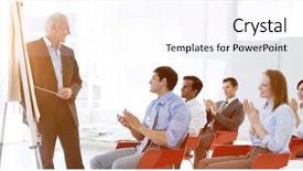  Presentation with end - Amazing slide deck having attendance - business people applauding backdrop and a sky blue colored foreground