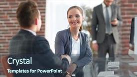  Presentation with handshake - Colorful slide deck enhanced with attendance - handshake manager and client sitting backdrop and a tawny brown colored foreground