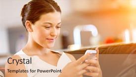  Presentation with phone - PPT theme having attendance - portrait of young woman holding background and a coral colored foreground