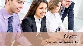  Presentation with business training - Slide deck with attendance - young business people sitting background and a coral colored foreground