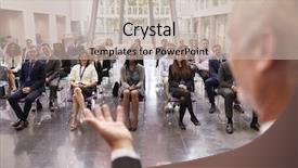  Presentation with audience - PPT theme featuring attendee - audience applauding speaker after conference background and a mint green colored foreground