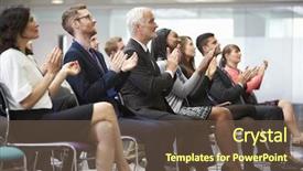  Presentation with speaker - PPT theme consisting of attendee - audience applauding speaker after conference background and a tawny brown colored foreground