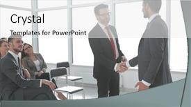  Presentation with how to deal hostile people - Slide deck having attendee - businessmen handshaking after striking grand background and a white colored foreground