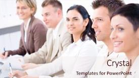  Presentation with business training - Slides with attendee - five business people sitting background and a lemonade colored foreground
