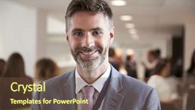  Presentation with conference - Colorful PPT theme enhanced with attendee - portrait of male delegate backdrop and a tawny brown colored foreground