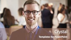  Presentation with coronavirus break fraud - PPT theme having attendee - portrait of male delegate background and a coral colored foreground