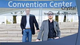  Presentation with smart grids - Audience pleasing PPT layouts consisting of attendee - two smart casual dressed colleagues backdrop and a  colored foreground