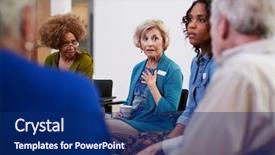  Presentation with community center - Slide deck enhanced with attending self help therapy group background and a navy blue colored foreground