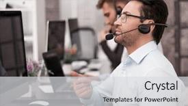  Presentation with call center management - Theme having attention - attentive businessman in headphones sitting background and a light gray colored foreground