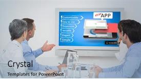  Presentation with mobile application - PPT theme having attentive business team during a conference against computer generated mobile application concepts background and a light blue colored foreground