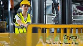  Presentation with forklift - Audience pleasing PPT theme consisting of attentive female factory worker driving backdrop and a gold colored foreground
