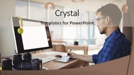  Presentation with flower office desk table - PPT theme consisting of attentive graphic designer using graphic background and a  colored foreground