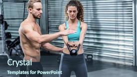  Presentation with lift - Cool new PPT theme with attentive muscular trainer show how to lift kettlebells backdrop and a ocean colored foreground