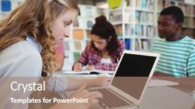  Presentation with classmates - PPT theme consisting of attentive schoolgirl using laptop with her classmates studying in background at school background and a coral colored foreground