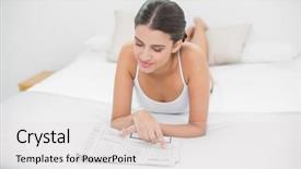  Presentation with bright white - Audience pleasing PPT layouts consisting of attentive young brown haired model in white pajamas reading a newspaper in bright bedroom backdrop and a lemonade colored foreground