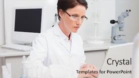  Presentation with cytology laboratory - Presentation theme featuring attentively with laptop in laboratory background and a  colored foreground