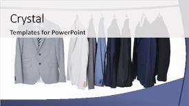  Presentation with black men in suit - Slide set with professional attire - row of men's suits hanging background and a white colored foreground