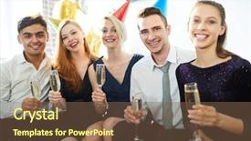  Presentation with elegant party - Cool new slide deck with 5 anniversary - five happy young people backdrop and a tawny brown colored foreground