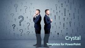  Presentation with question marks - Presentation theme with attitude changes - young conflicted businessman choosing background and a ocean colored foreground