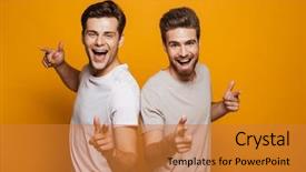  Presentation with full length portrait two men women brown sweater - Audience pleasing slide set consisting of attitude satisfaction - portrait of a two happy backdrop and a gold colored foreground