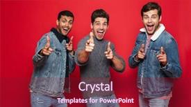  Presentation with three - Slide set with attitude satisfaction - three cheerful young men friends background and a violet colored foreground