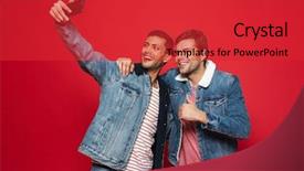  Presentation with two men on a judo - Colorful slide deck enhanced with attitude satisfaction - two cheerful young men standing backdrop and a red colored foreground