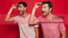  Presentation with far away - Beautiful PPT layouts featuring attitude satisfaction - two cheerful young men standing backdrop and a red colored foreground