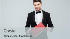  Presentation with confident - Beautiful presentation featuring tuxedo standing and holding gift backdrop and a light gray colored foreground