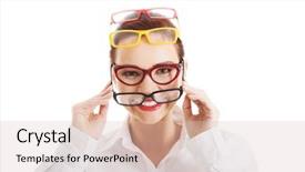  Presentation with optical - Presentation theme featuring optical glasses - beautiful woman wearing four different background and a lemonade colored foreground