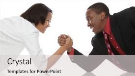  Presentation with wrestling - Cool new slide set with attractive african american business man and woman arm wrestling backdrop and a light gray colored foreground